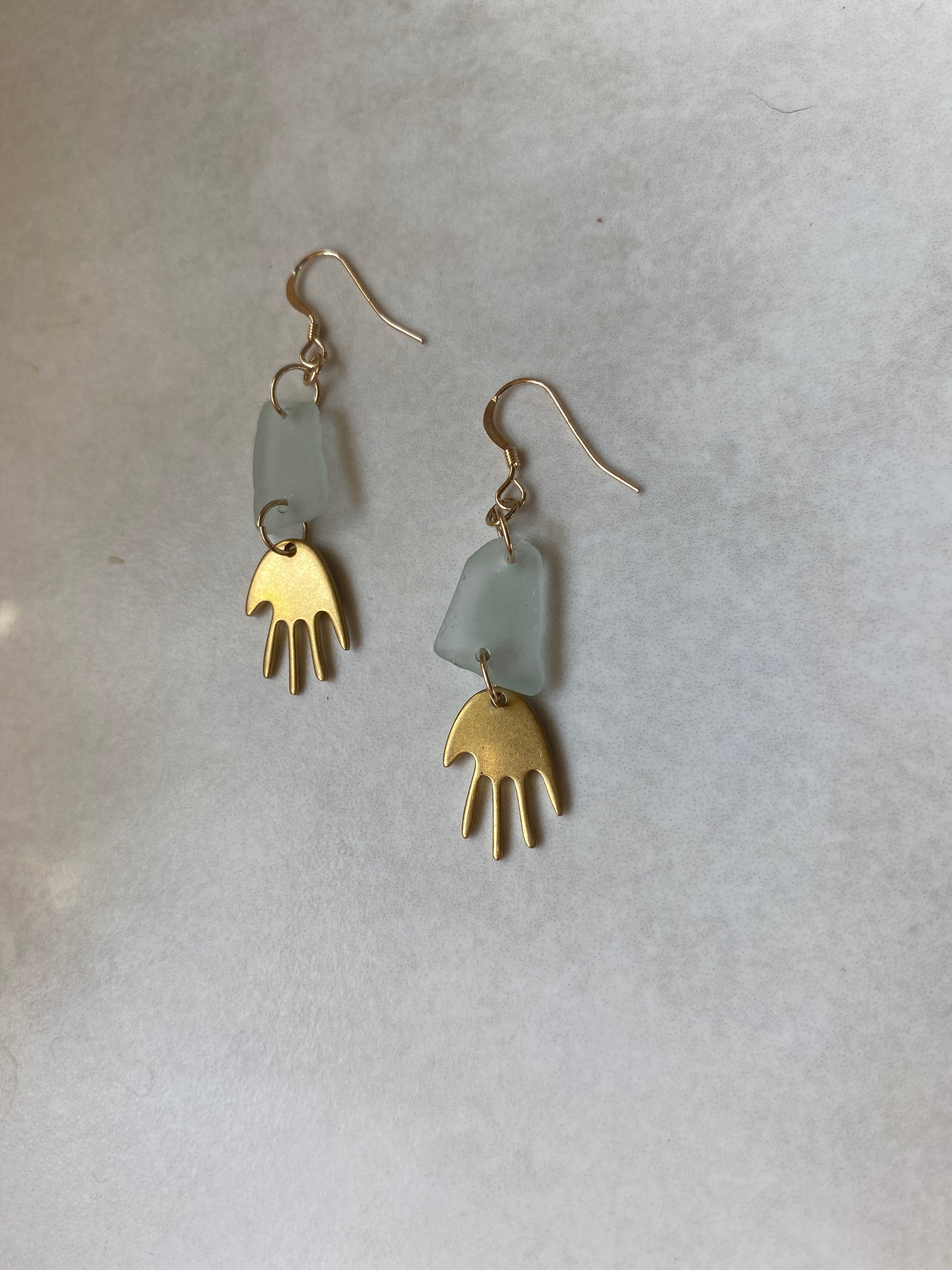 Joy Sea Glass Earrings : Brass Hands - Aqua sea glass