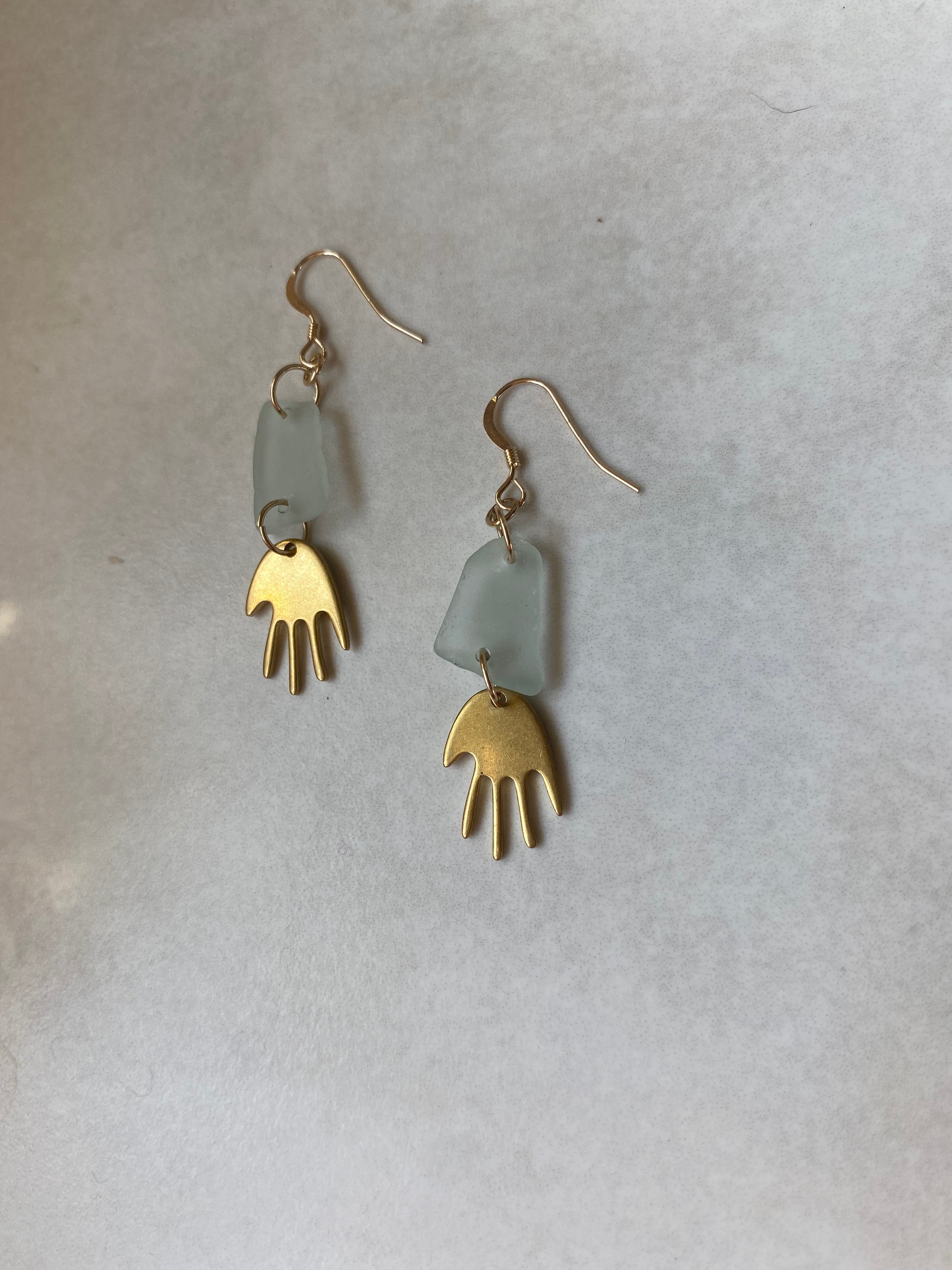 Joy Sea Glass Earrings : Brass Hands - Aqua sea glass