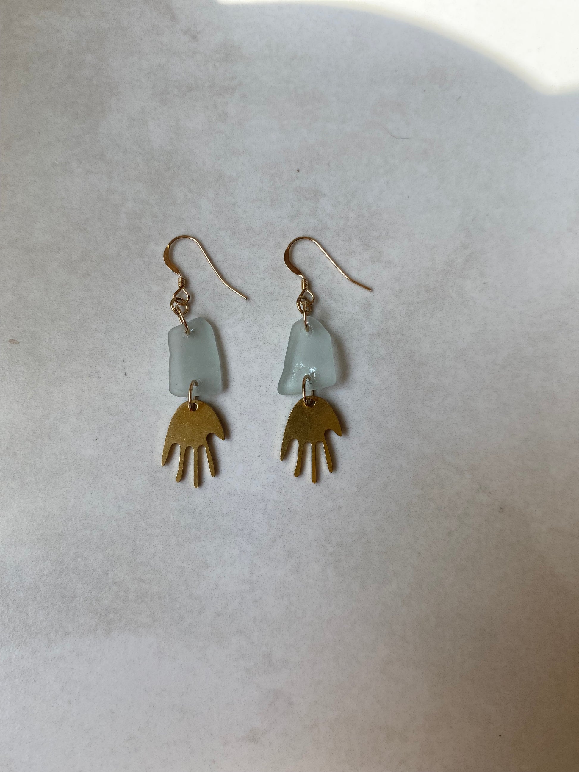 Joy Sea Glass Earrings : Brass Hands - Aqua sea glass