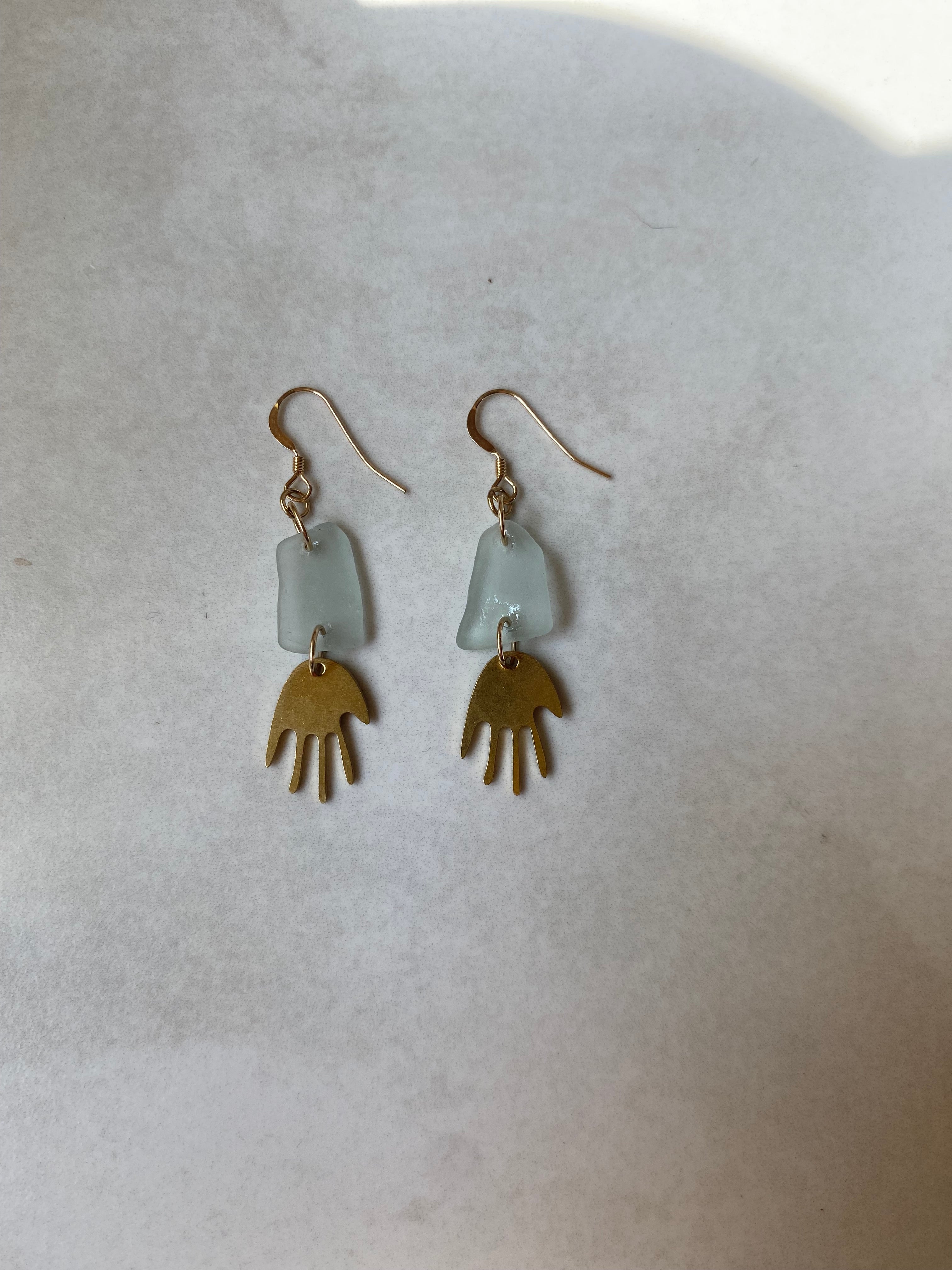 Joy Sea Glass Earrings : Brass Hands - Aqua sea glass