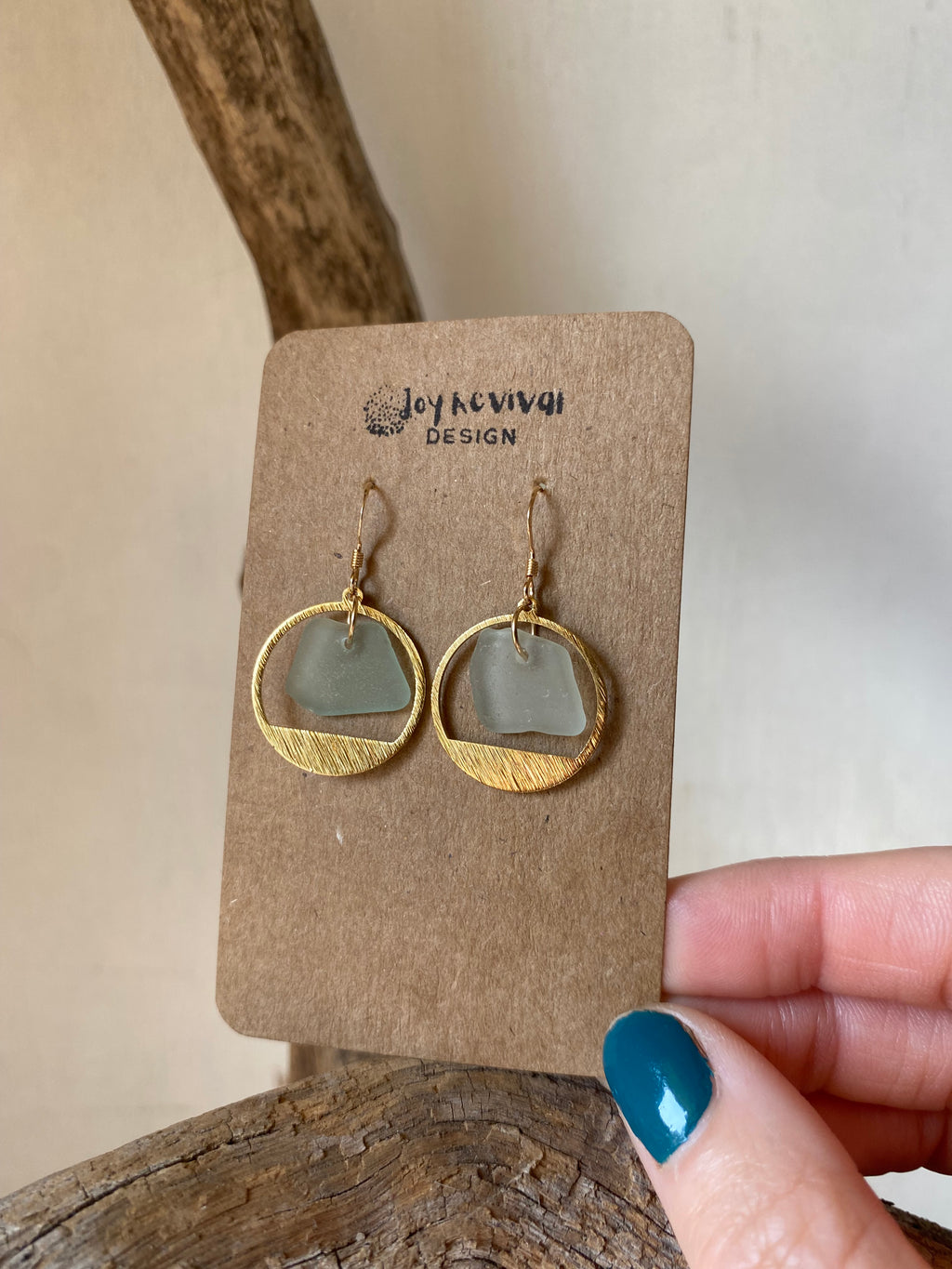 Joy Sea Glass Earrings: Brass textured circles -Aqua