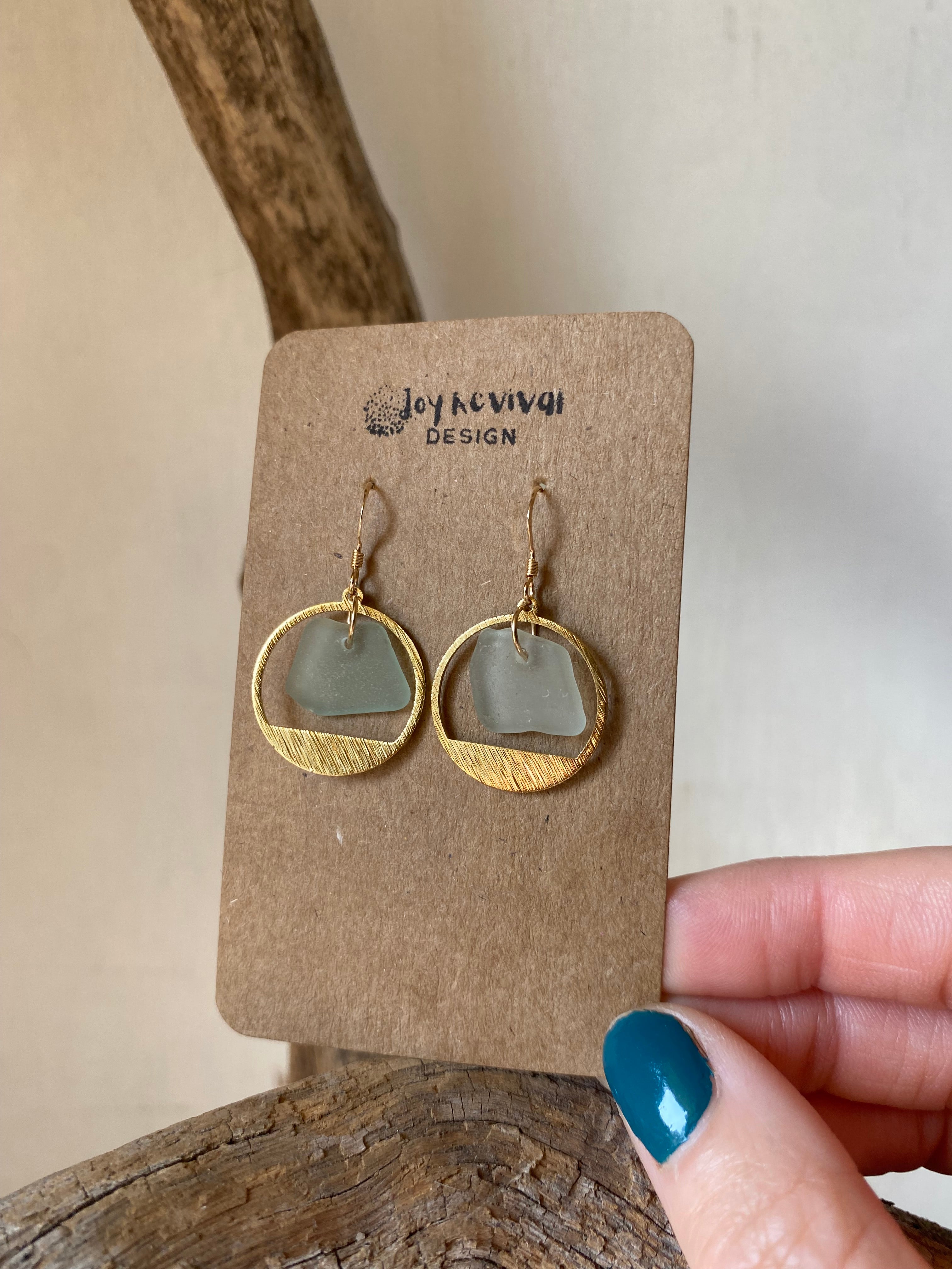 Joy Sea Glass Earrings: Brass textured circles -Aqua