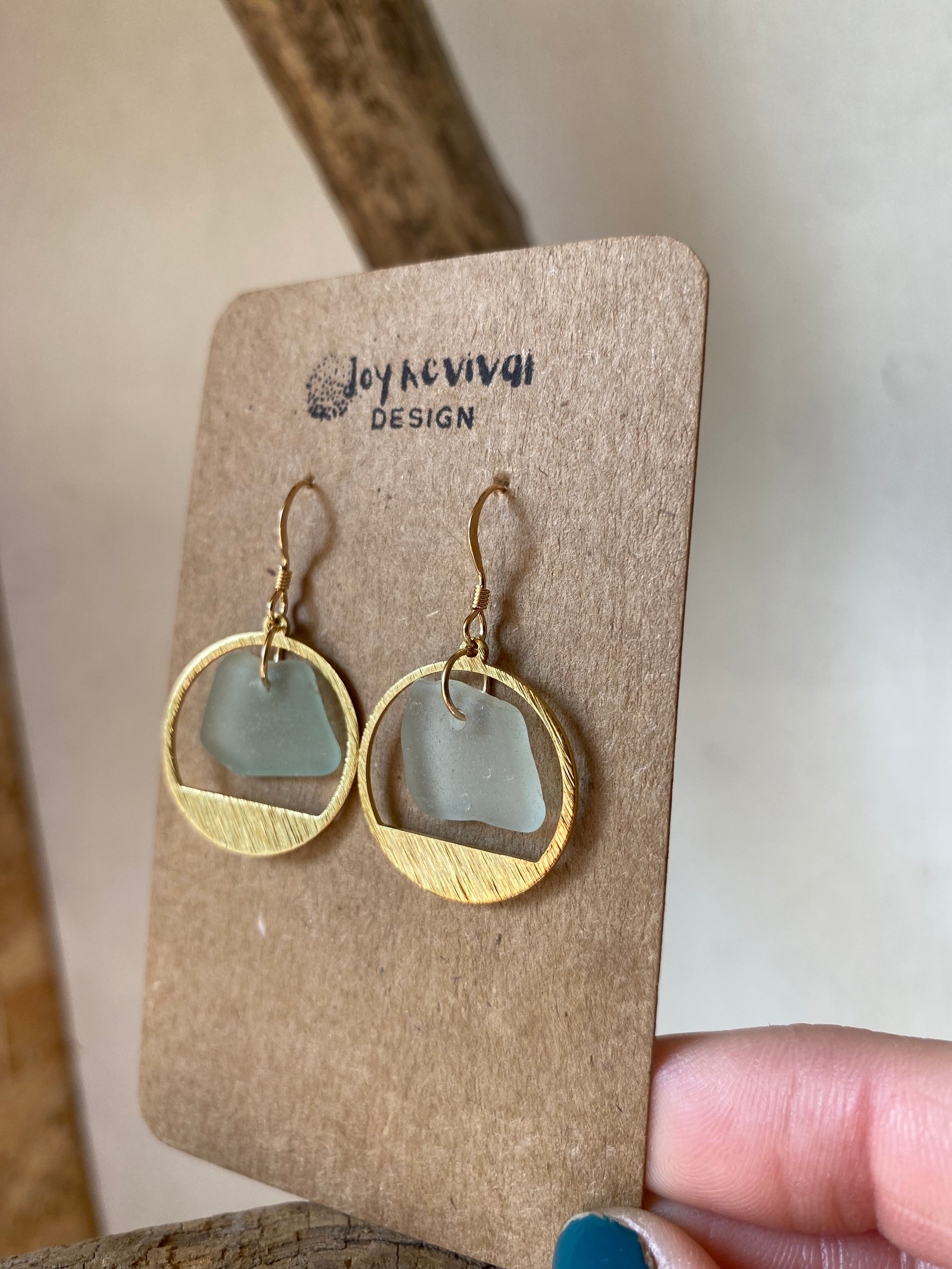 Joy Sea Glass Earrings: Brass textured circles -Aqua