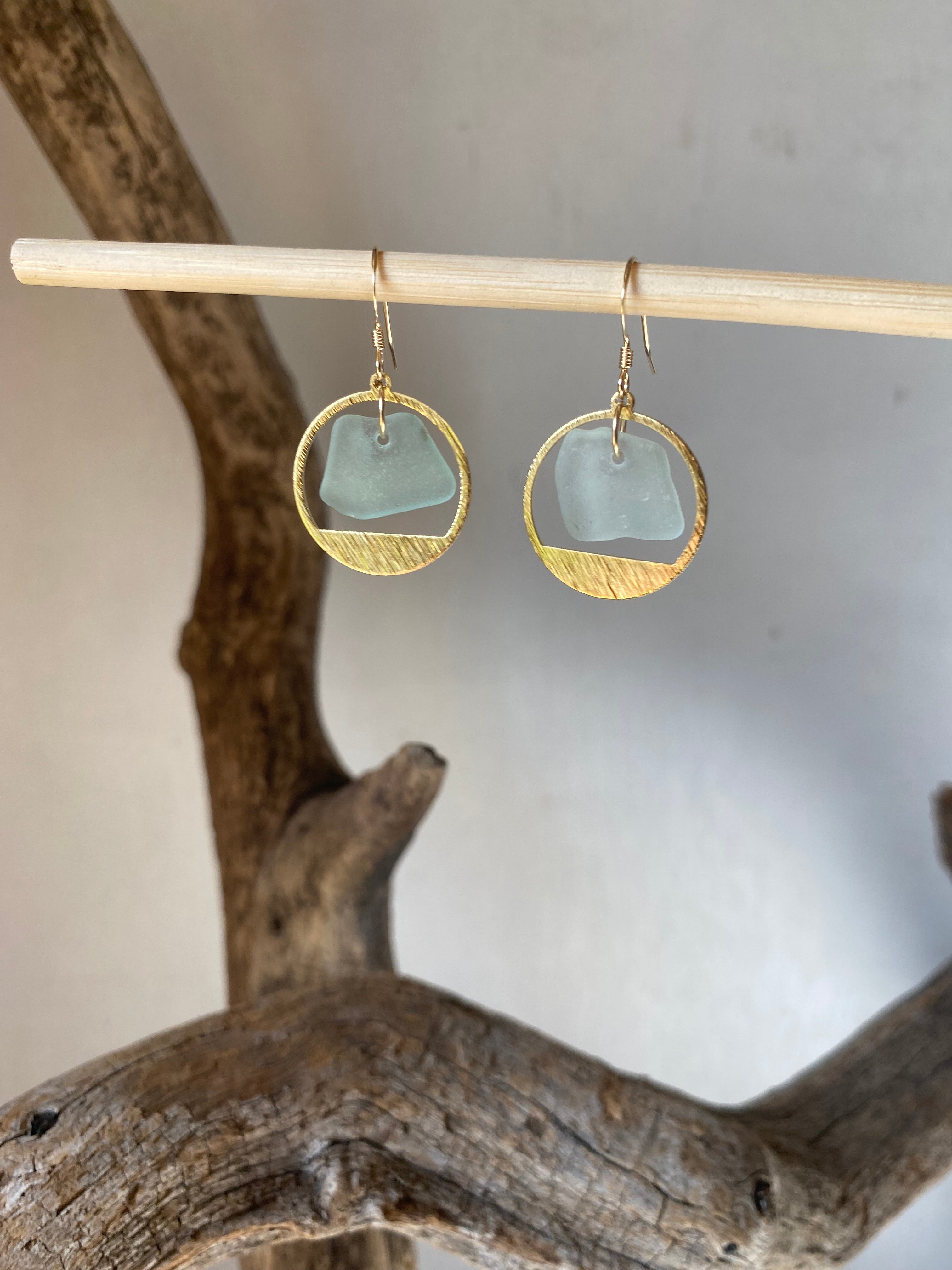 Joy Sea Glass Earrings: Brass textured circles -Aqua