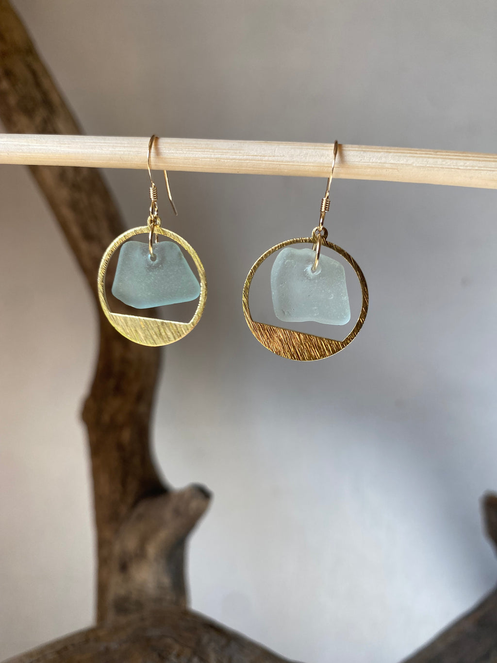 Joy Sea Glass Earrings: Brass textured circles -Aqua