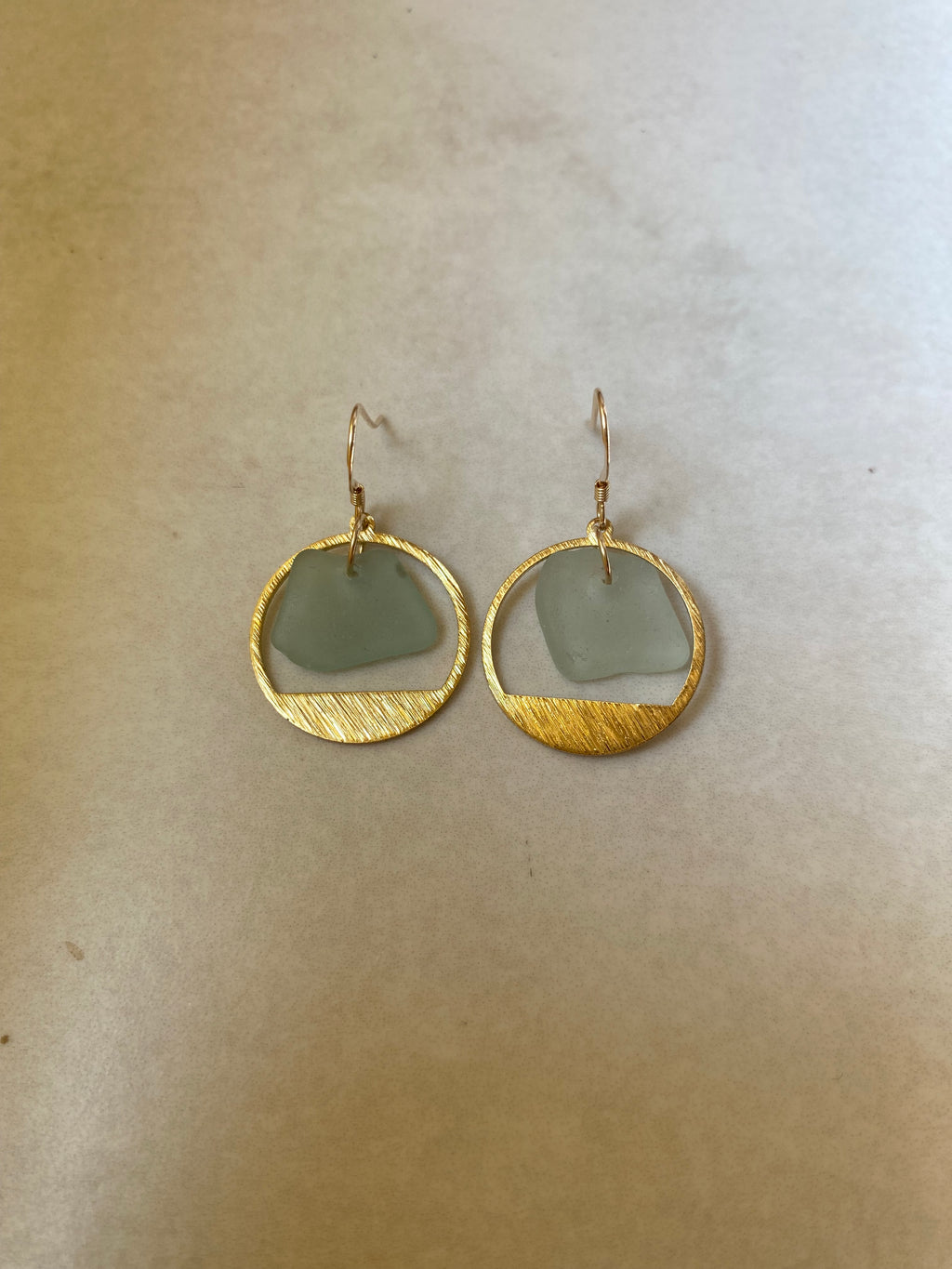 Joy Sea Glass Earrings: Brass textured circles -Aqua