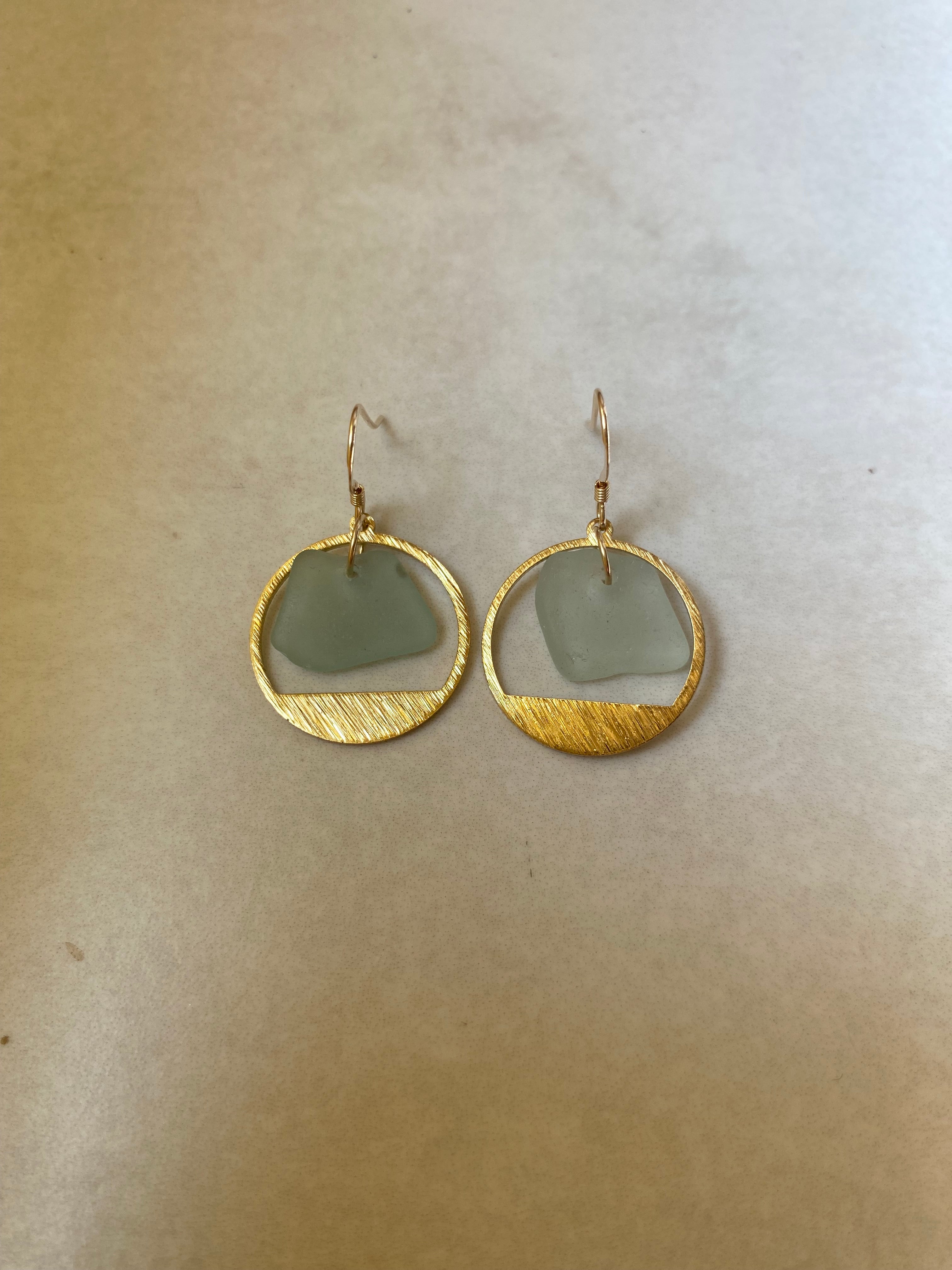 Joy Sea Glass Earrings: Brass textured circles -Aqua