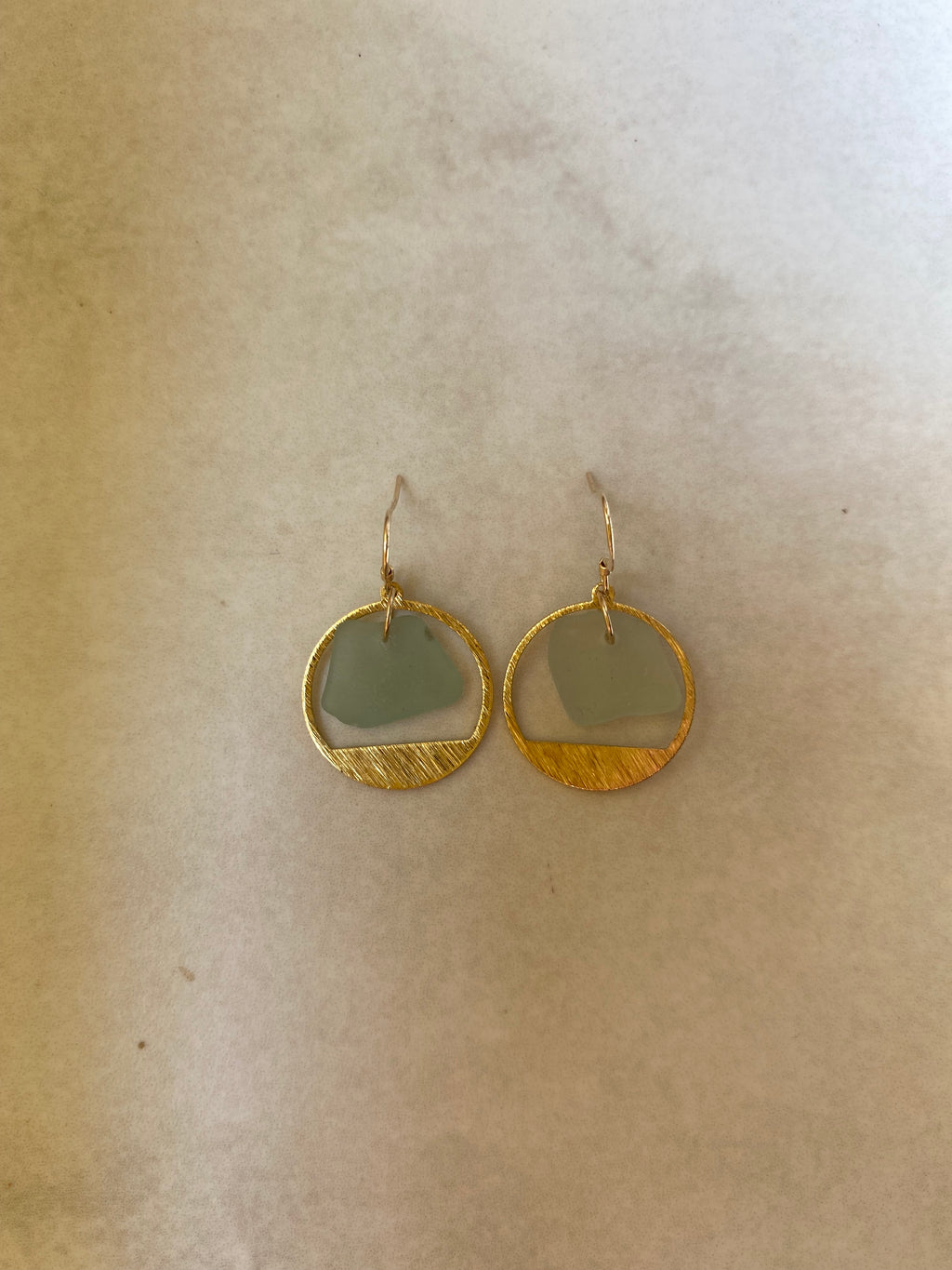 Joy Sea Glass Earrings: Brass textured circles -Aqua