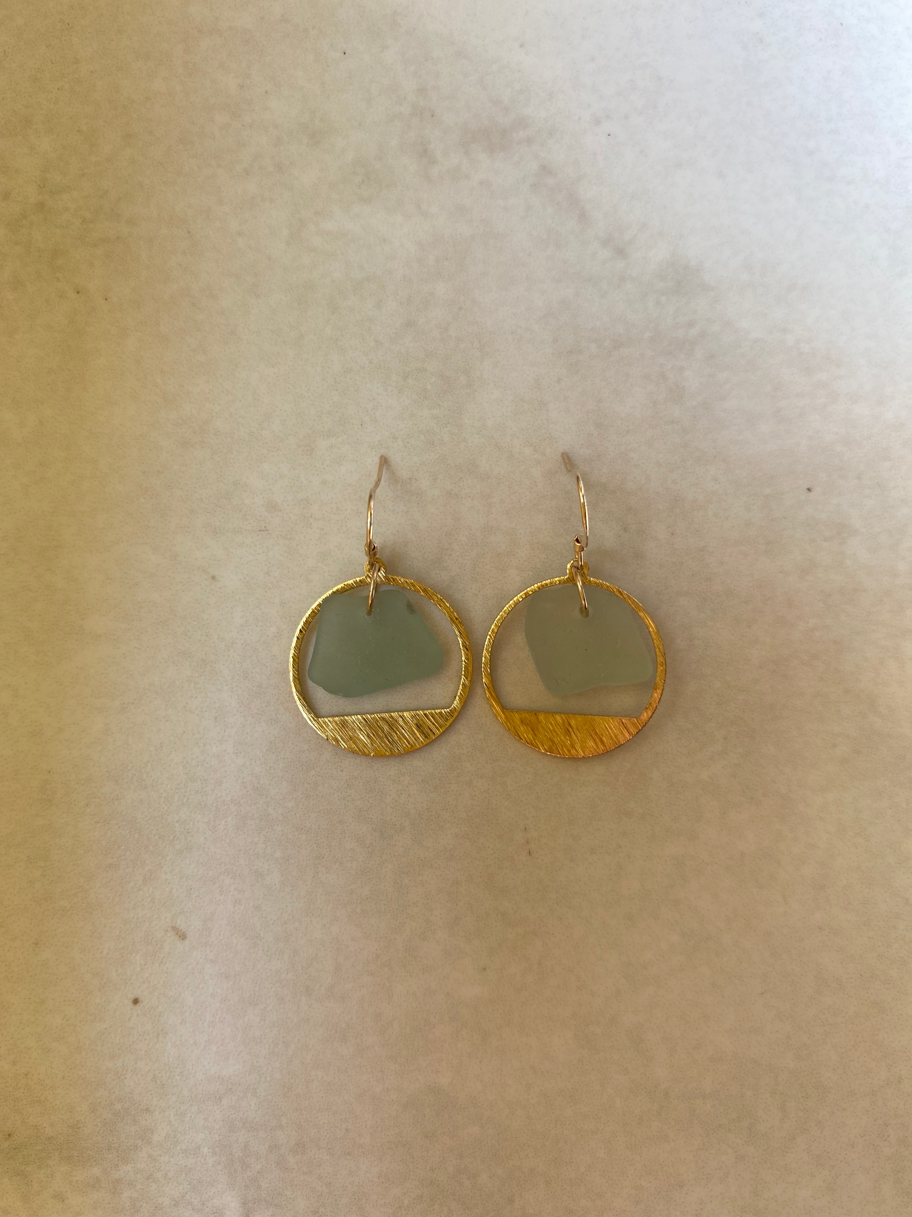 Joy Sea Glass Earrings: Brass textured circles -Aqua