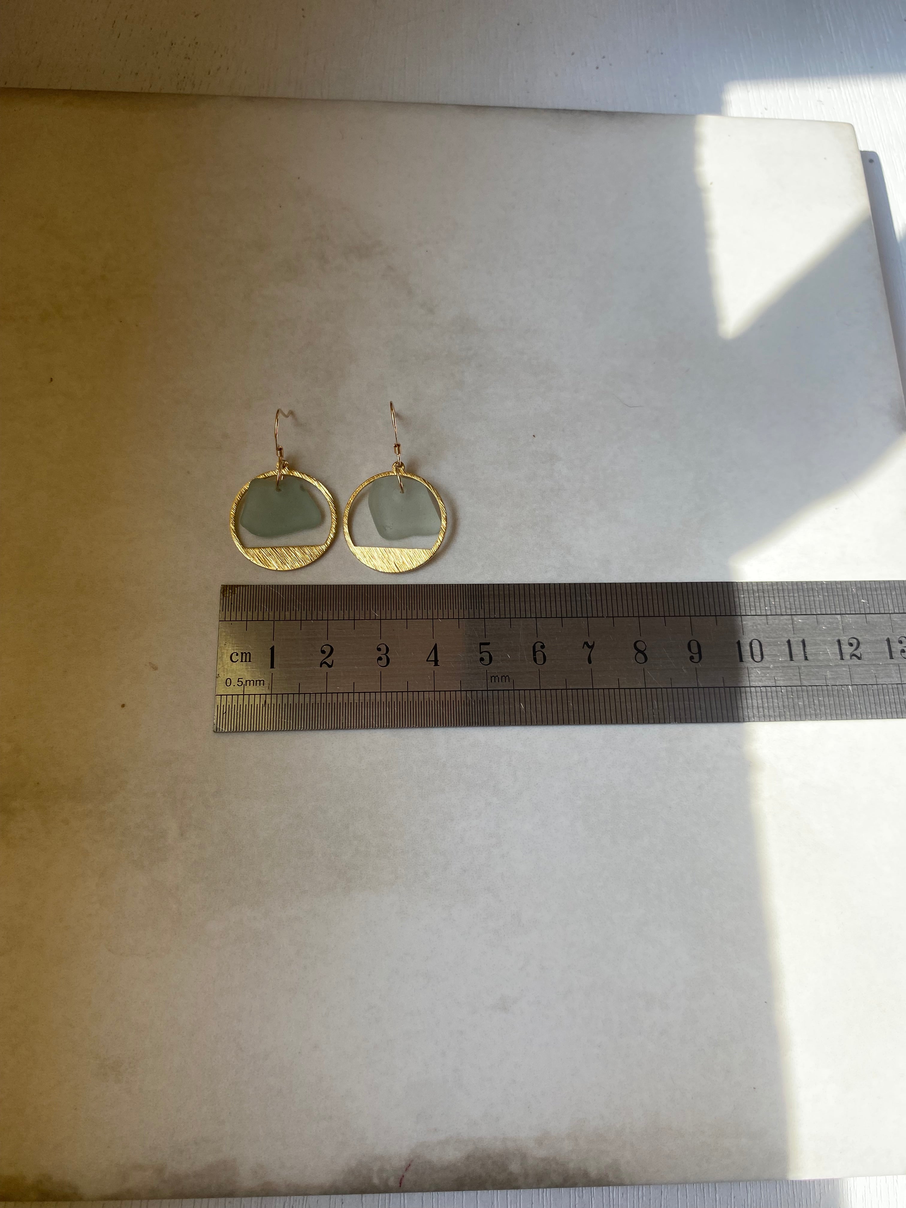 Joy Sea Glass Earrings: Brass textured circles -Aqua