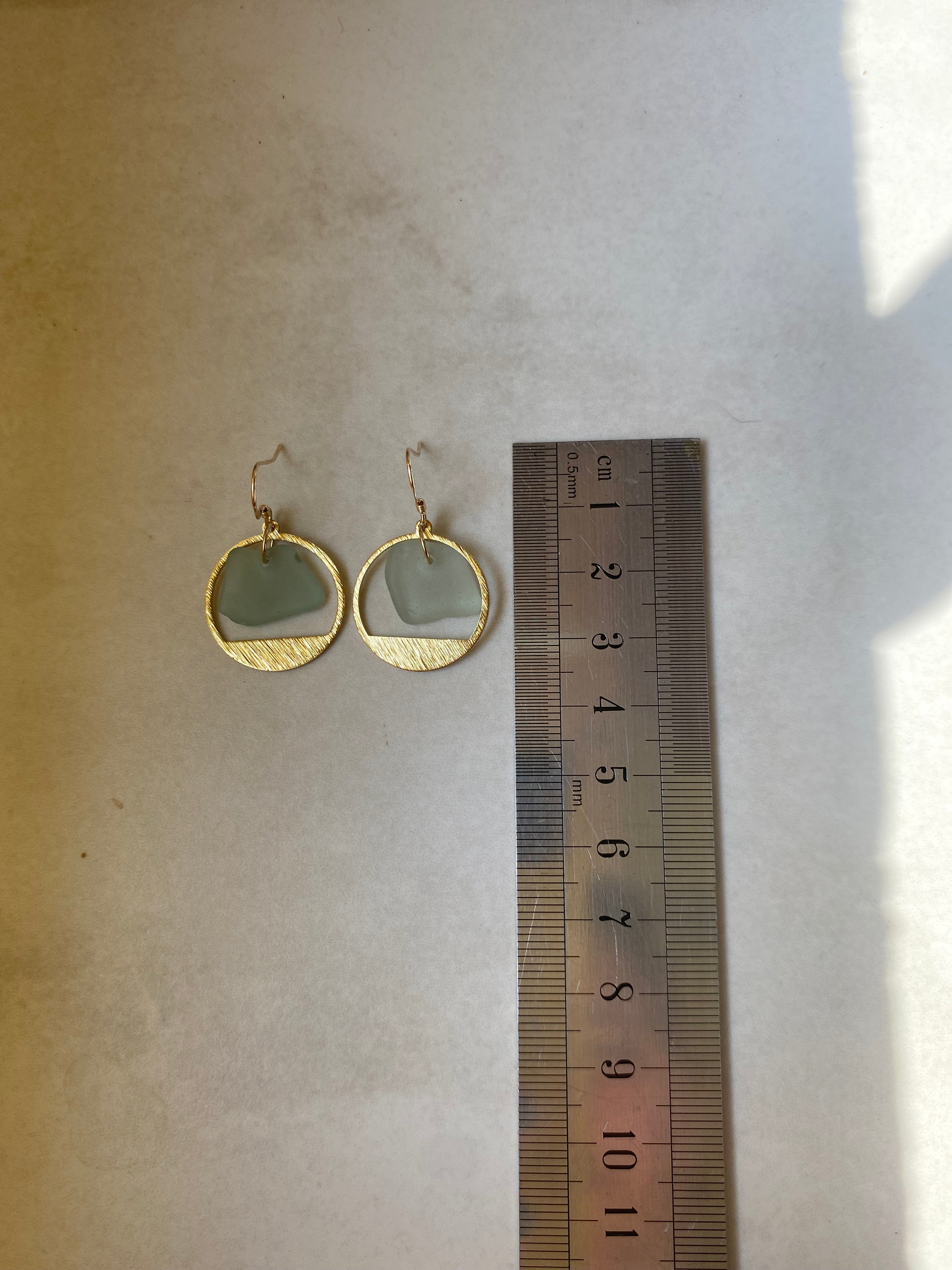 Joy Sea Glass Earrings: Brass textured circles -Aqua