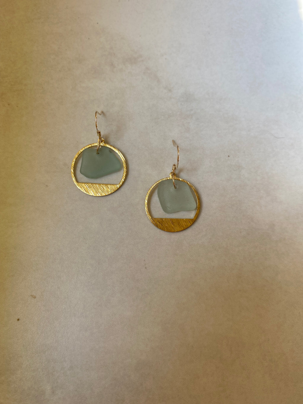 Joy Sea Glass Earrings: Brass textured circles -Aqua