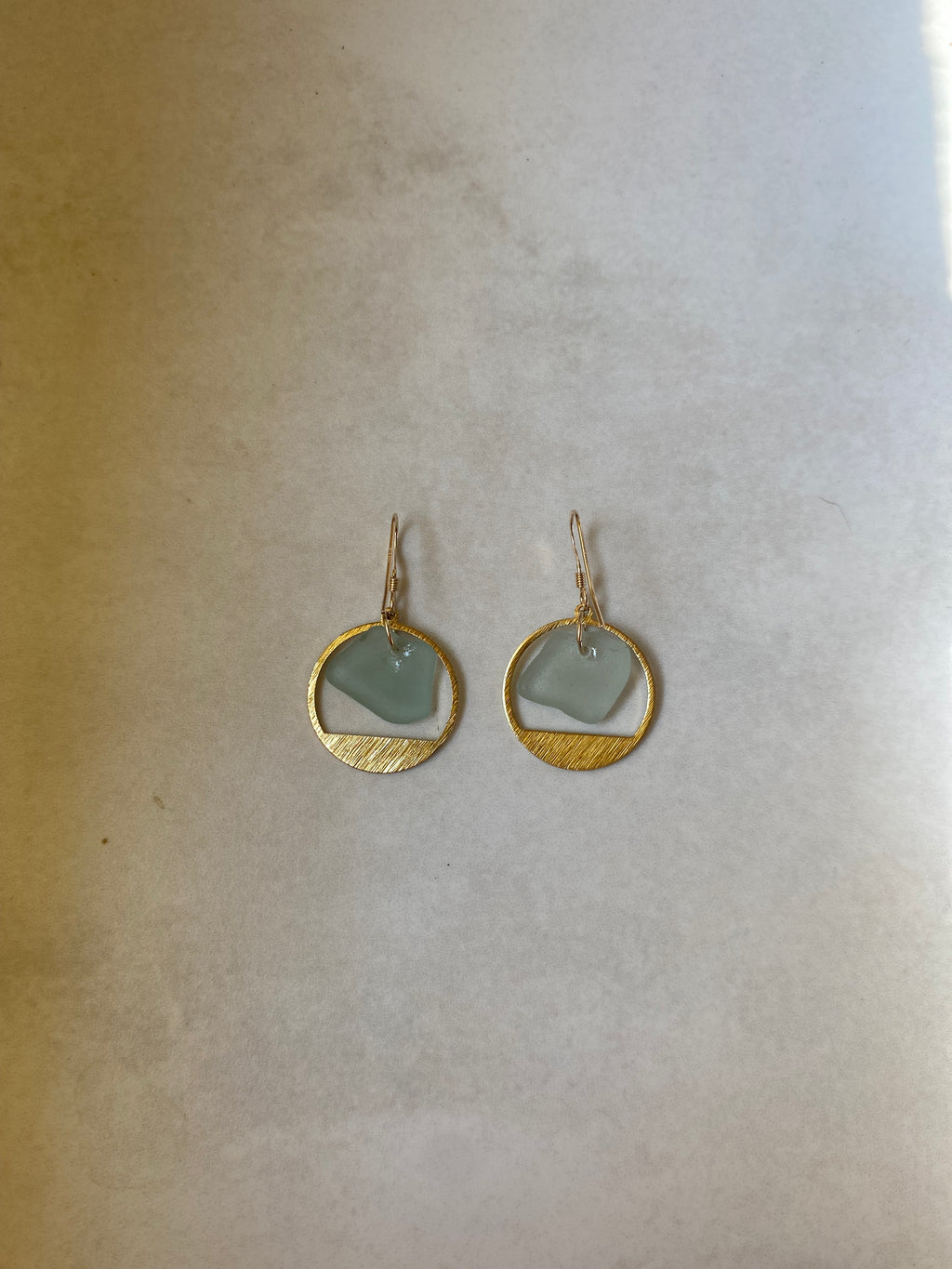 Joy Sea Glass Earrings: Brass textured circles -Aqua
