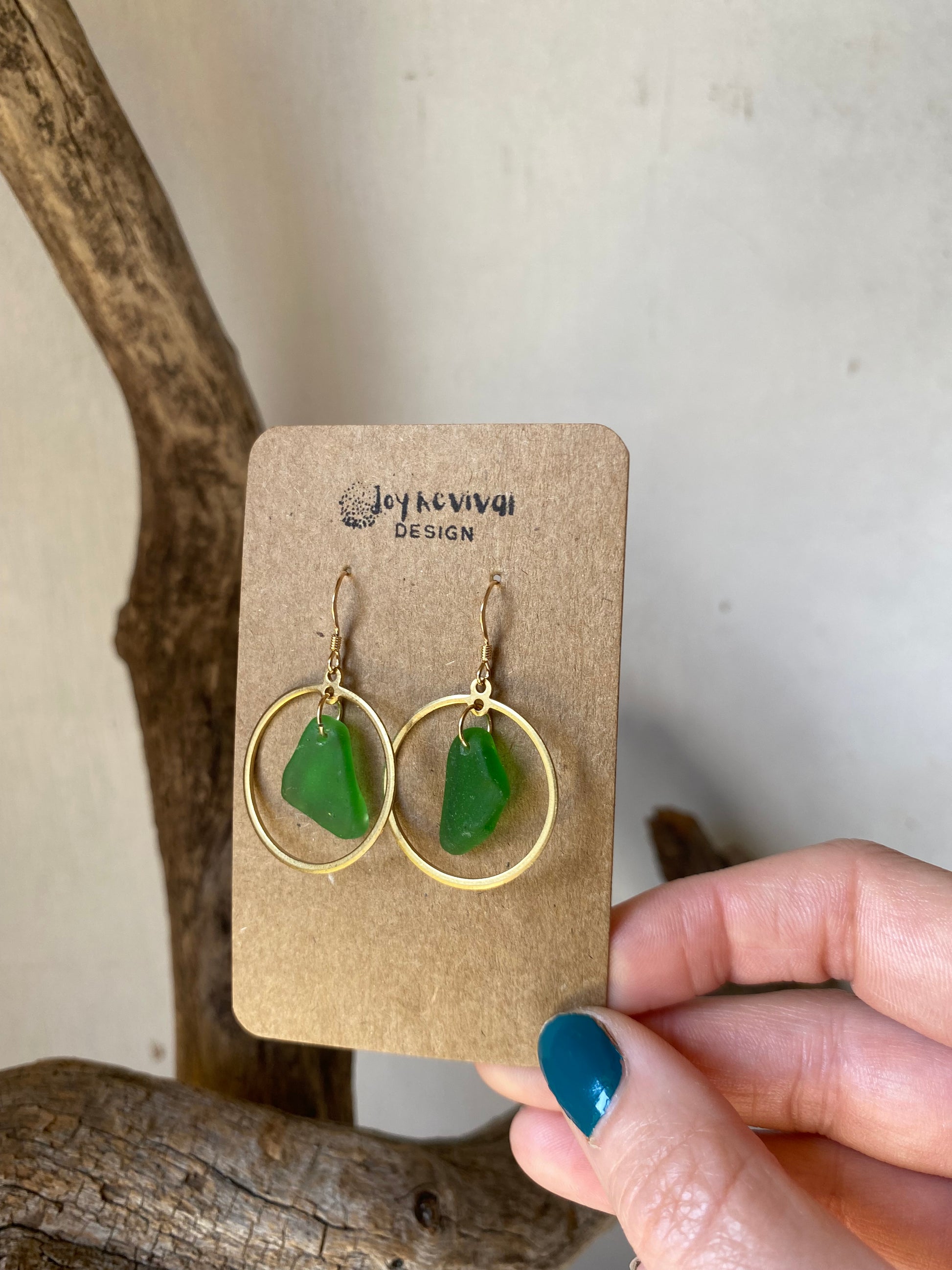 Joy Sea Glass Earrings: Brass Circle - vibrant green