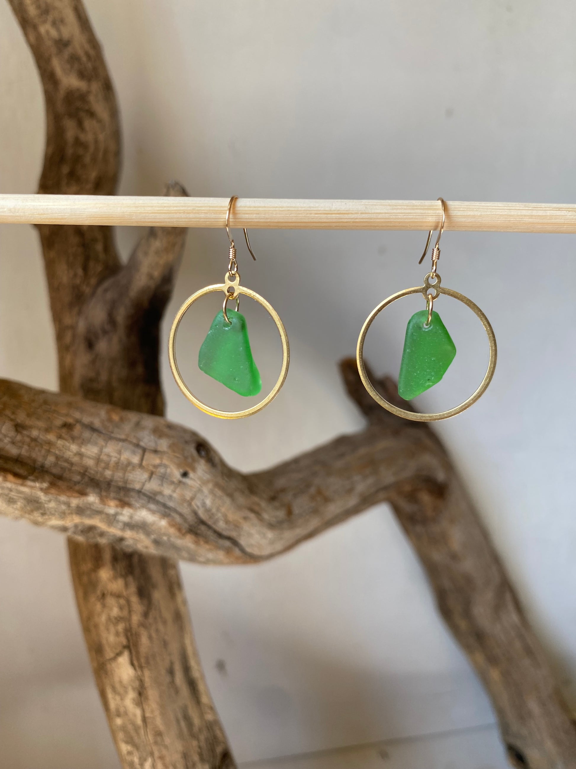 Joy Sea Glass Earrings: Brass Circle - vibrant green