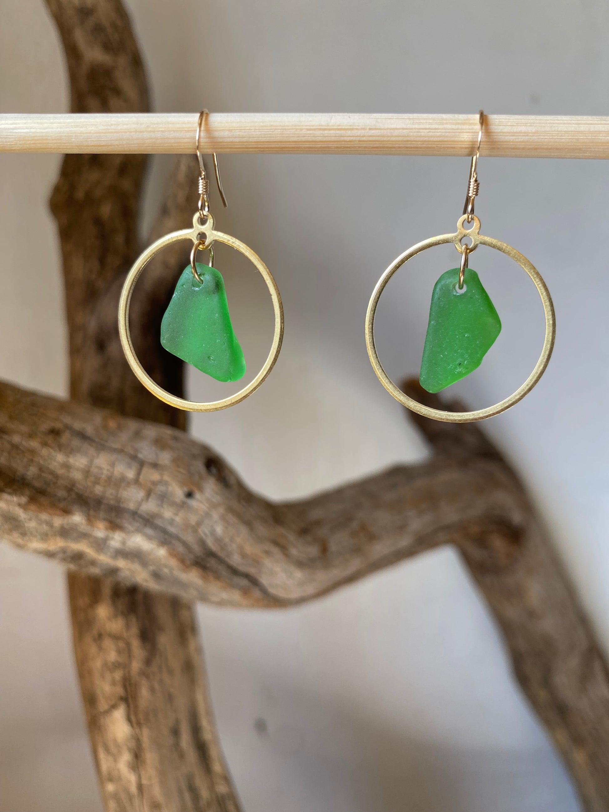 Joy Sea Glass Earrings: Brass Circle - vibrant green
