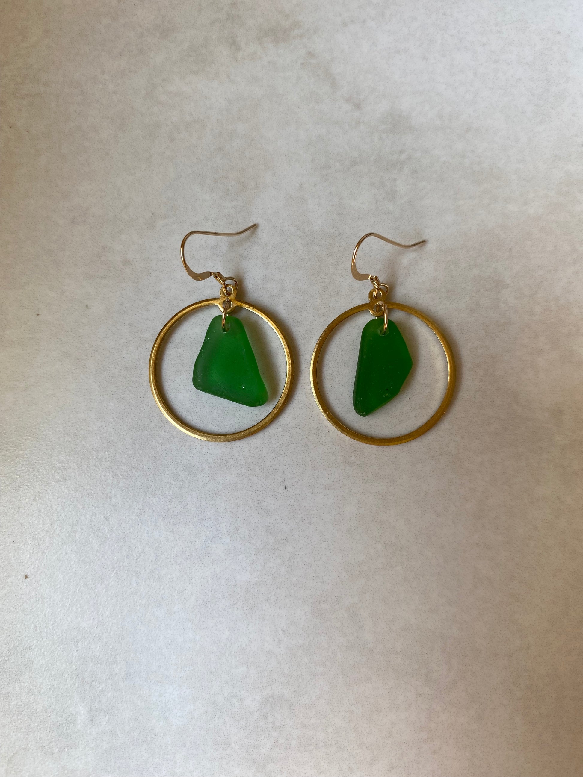 Joy Sea Glass Earrings: Brass Circle - vibrant green
