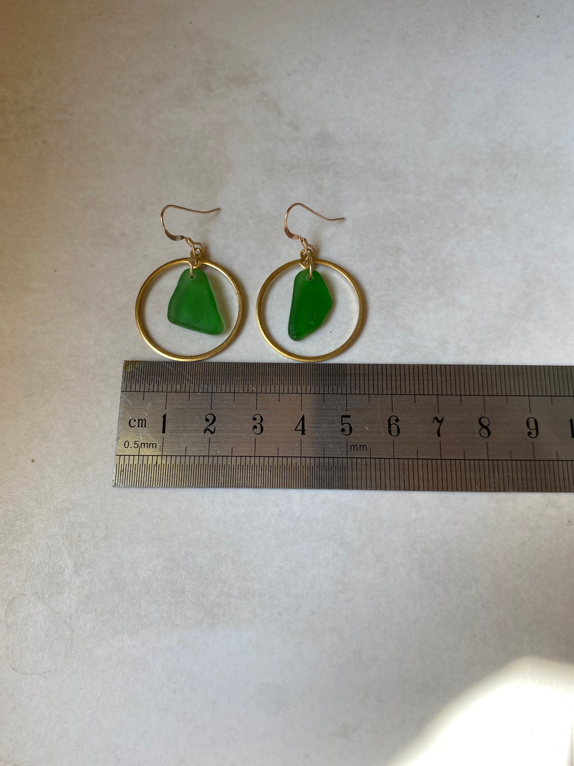Joy Sea Glass Earrings: Brass Circle - vibrant green
