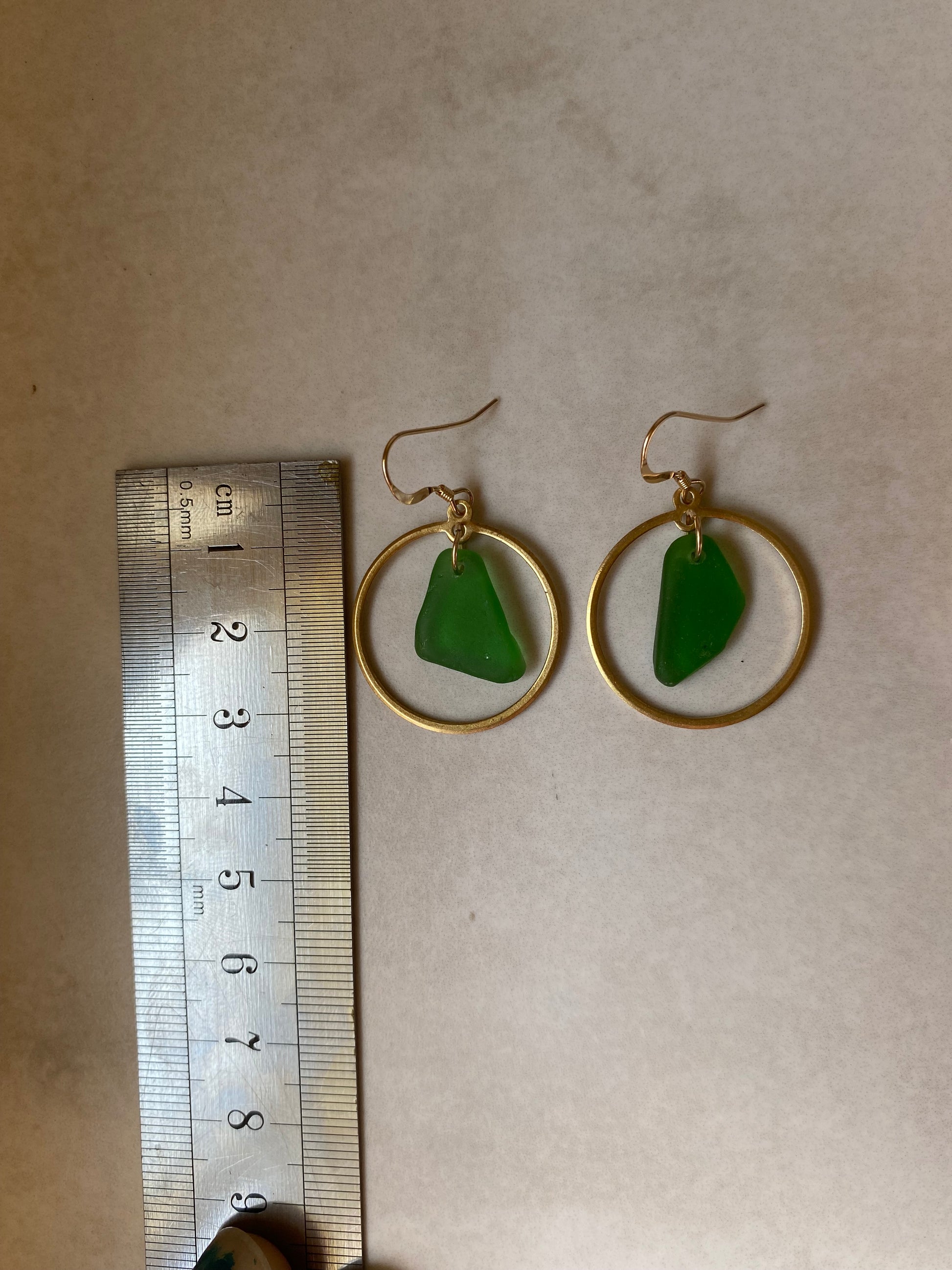 Joy Sea Glass Earrings: Brass Circle - vibrant green