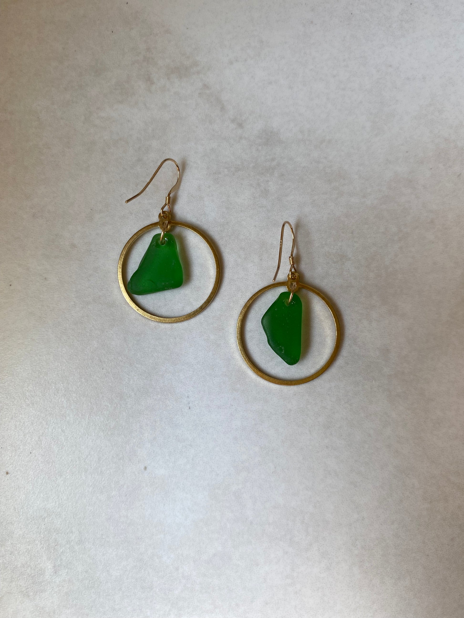 Joy Sea Glass Earrings: Brass Circle - vibrant green