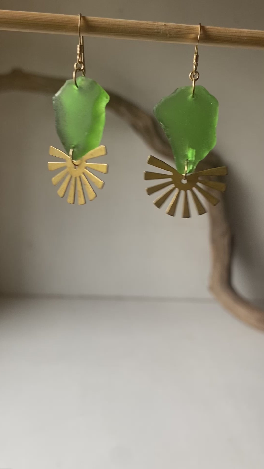 Joy Sea Glass Earrings: Brass Sunburst - vibrant green