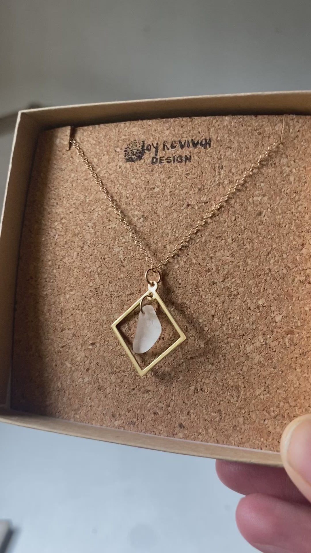 Joy Sea Glass necklace: Brass square (white)