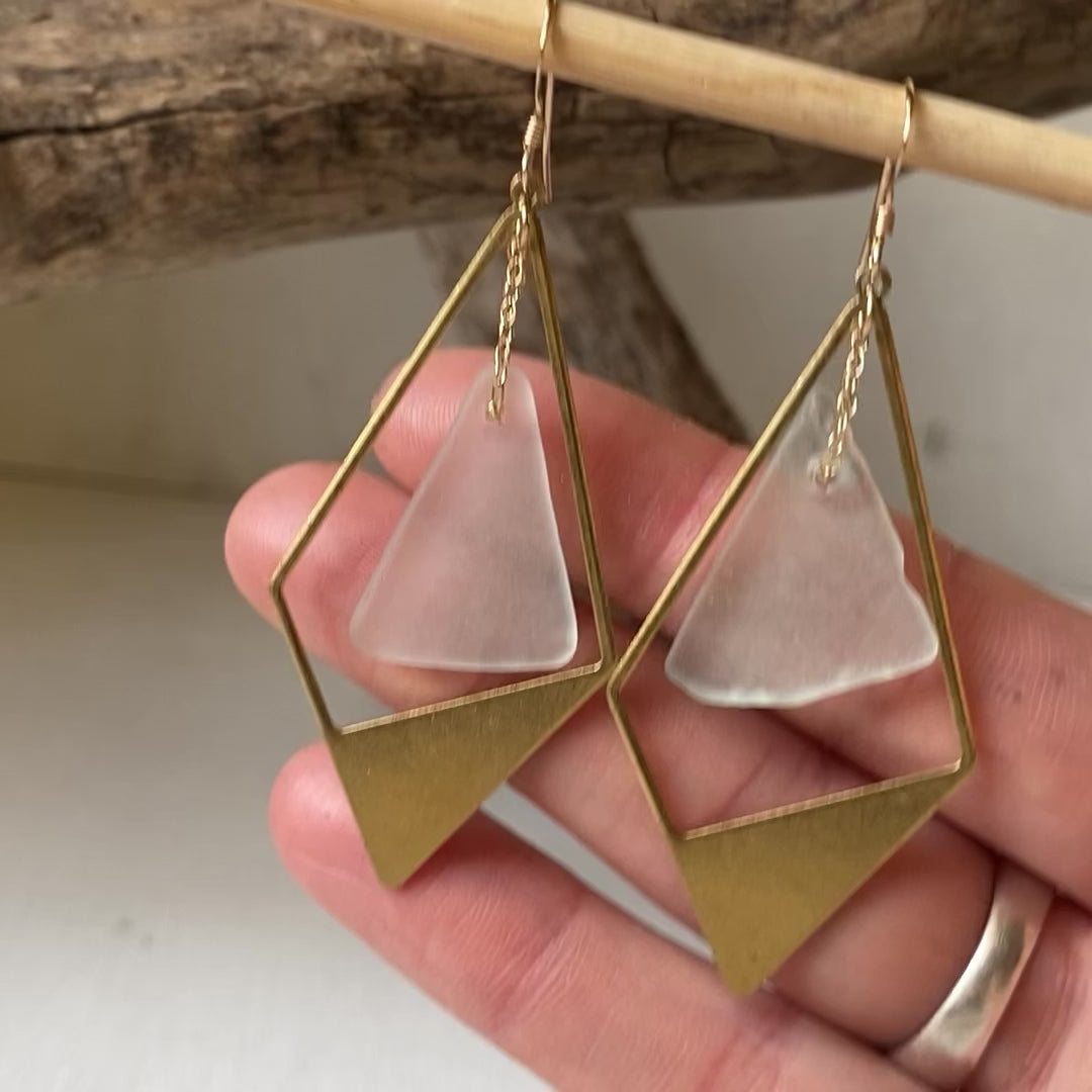 Joy Sea Glass Earrings - Brass Rhombus - clear
