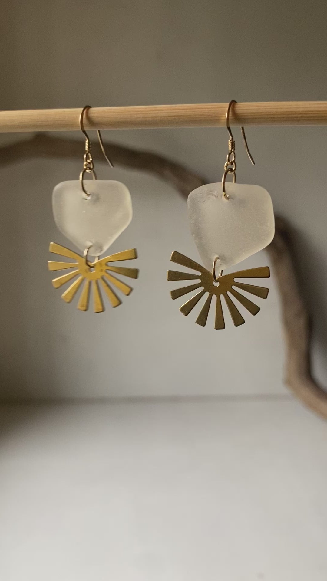 Joy Sea Glass Earrings: Brass Sunburst - white