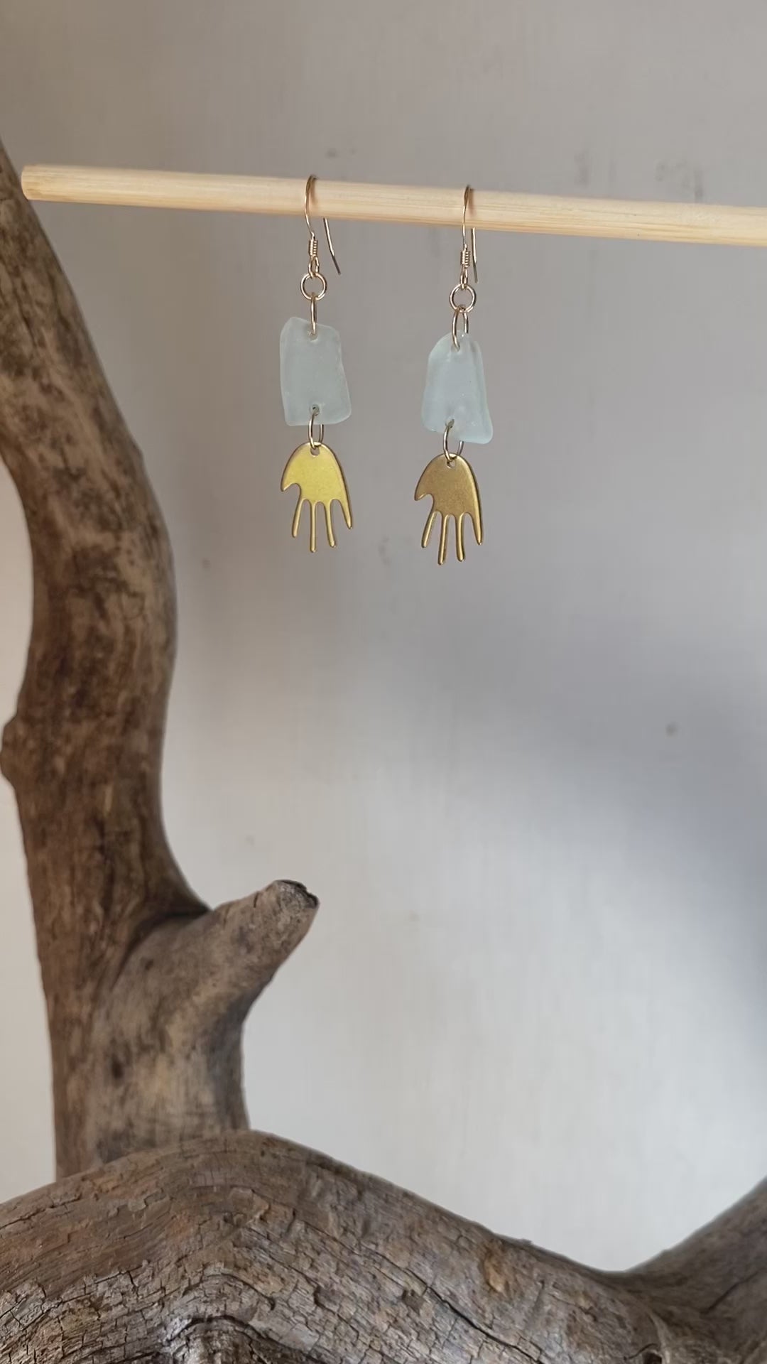 Joy Sea Glass Earrings : Brass Hands - Aqua sea glass