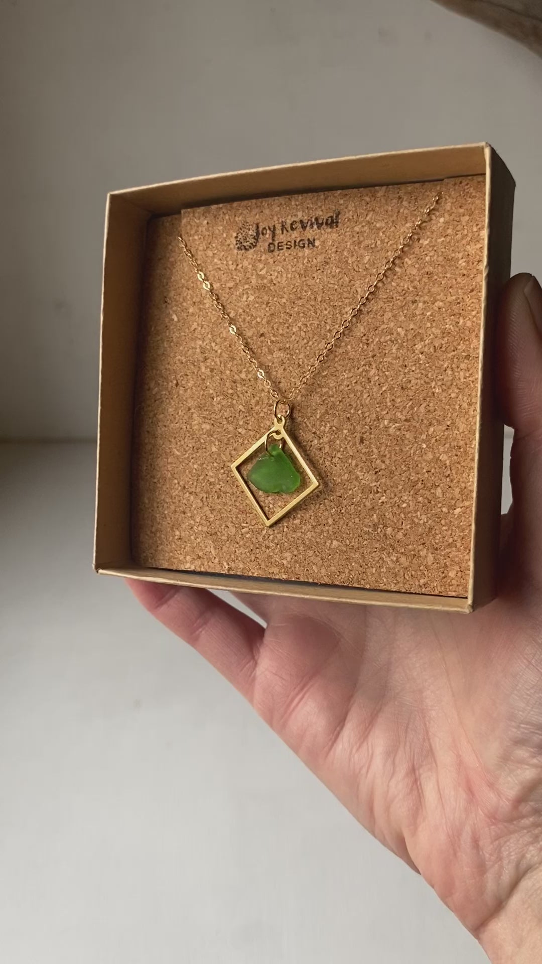 Joy sea glass necklace: Brass square (vibrant green)