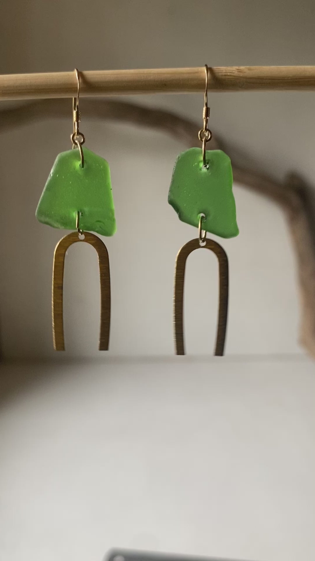 Joy Sea Glass Earrings: Textured Brass Arches - green
