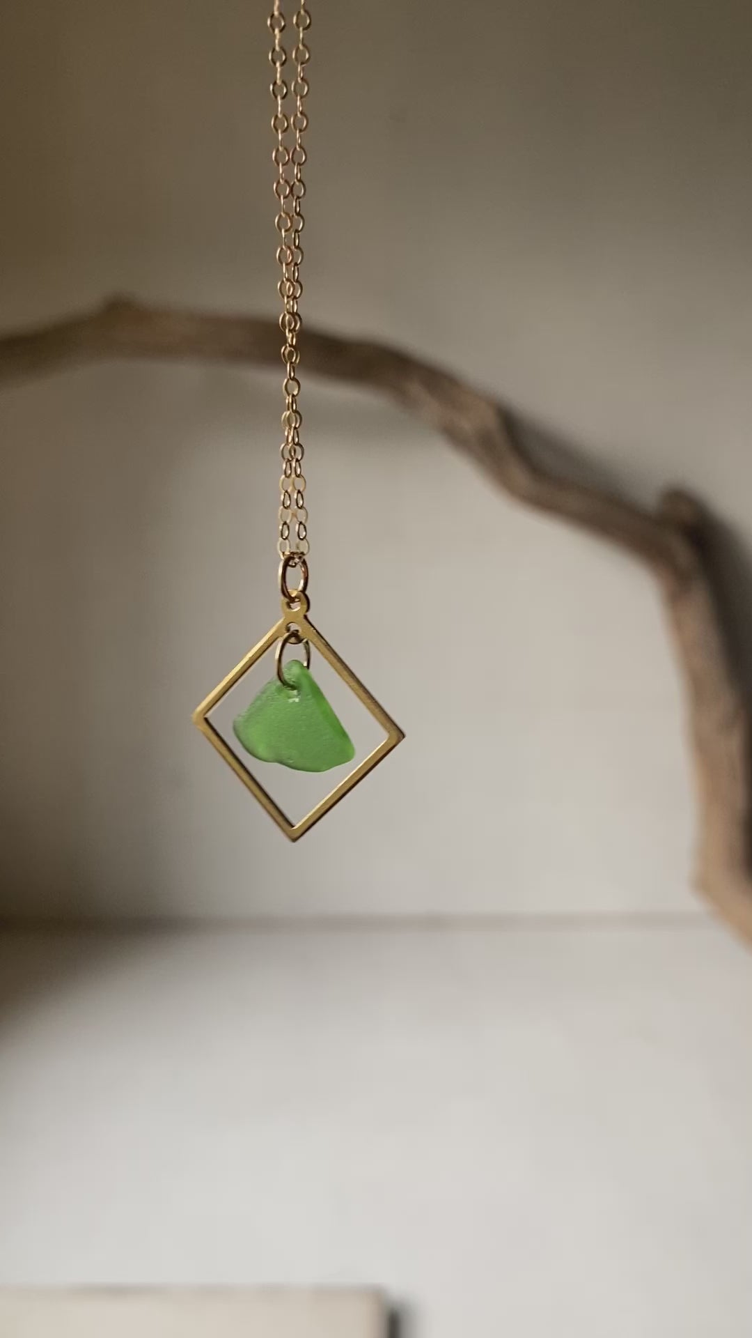 Joy sea glass necklace: Brass square (vibrant green)