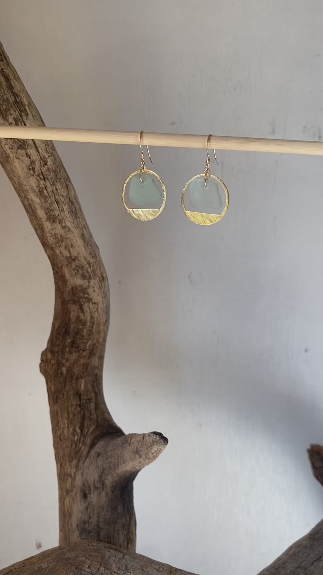 Joy Sea Glass Earrings: Brass textured circles -Aqua