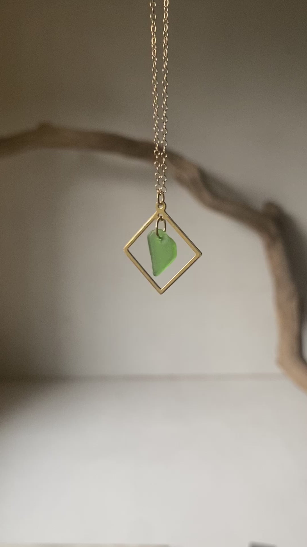 Joy sea glass necklace: Brass square (vibrant green)