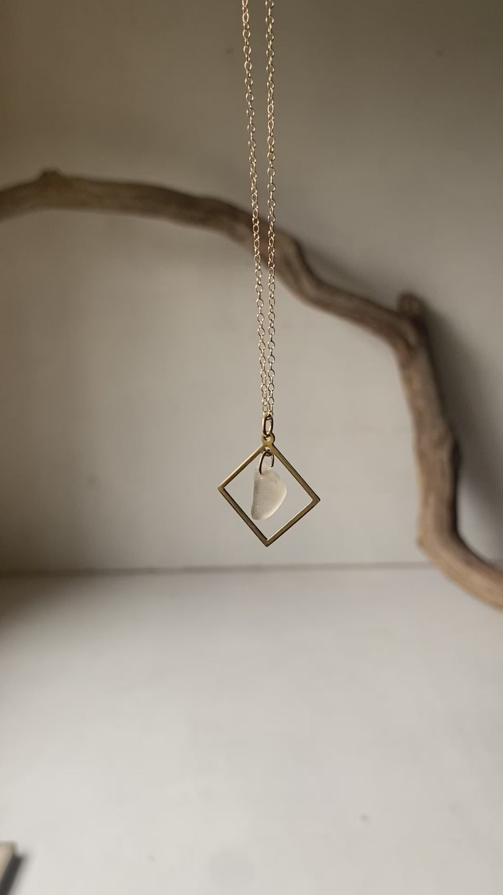 Joy Sea Glass necklace: Brass square (white)