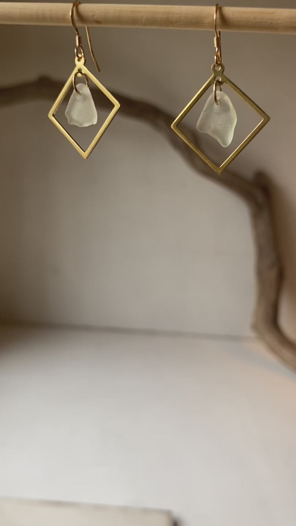 Joy Sea Glass Earrings: Brass squares - white