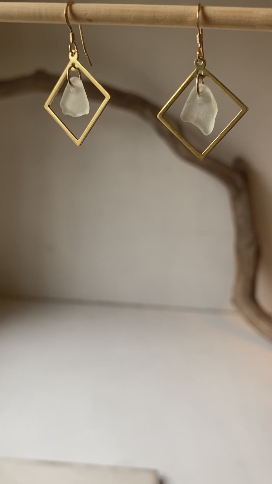 Joy Sea Glass Earrings: Brass squares - white