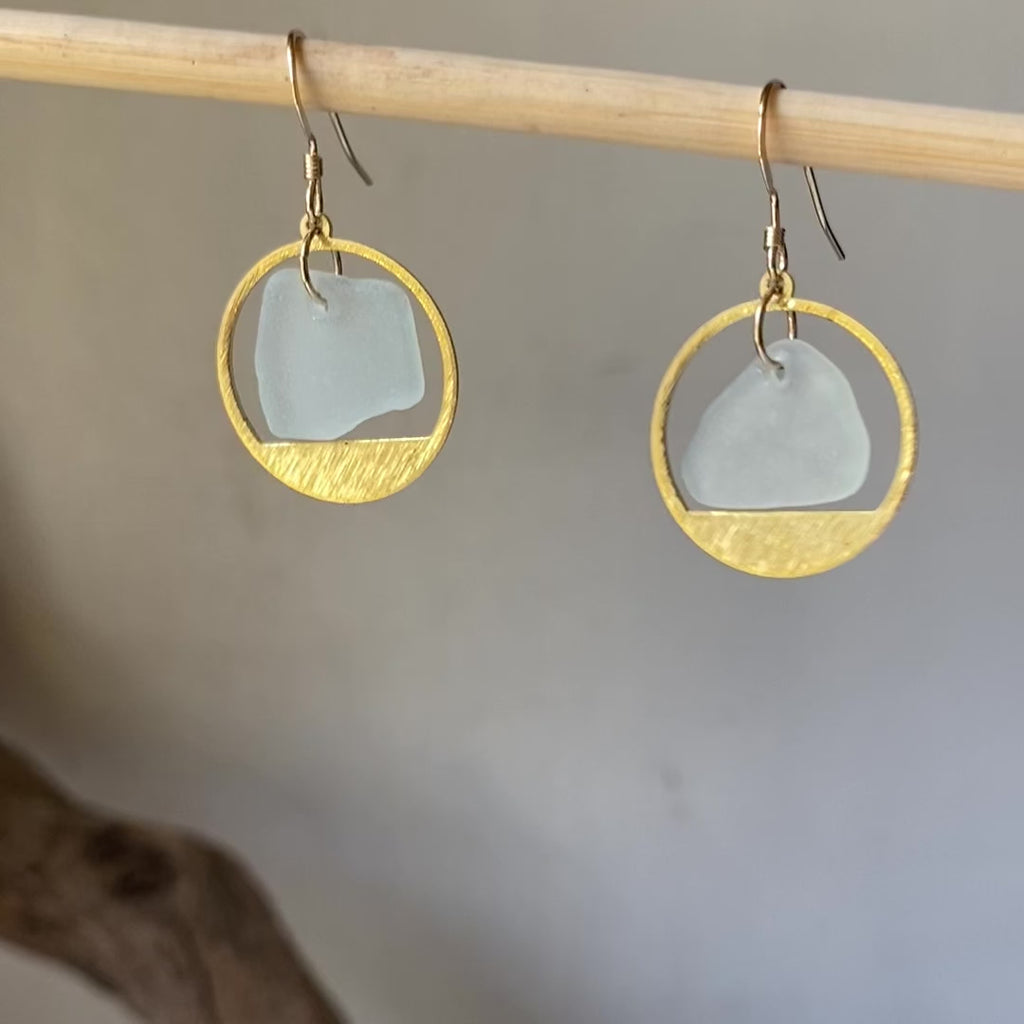 Joy Sea Glass Earrings: Brass textured circles -clear sea glass