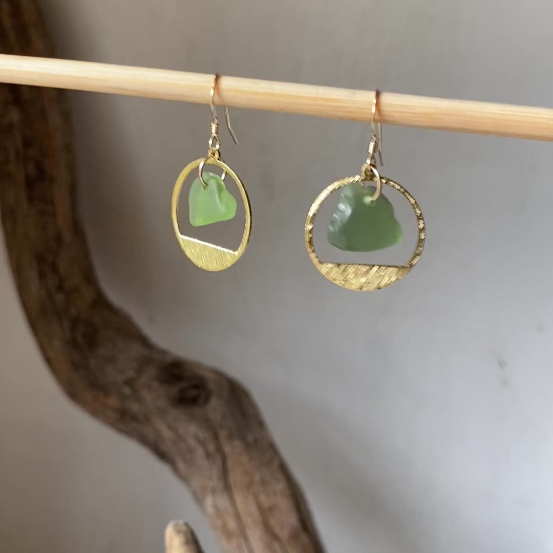 Joy Sea Glass Earrings: Brass Textured circles - green
