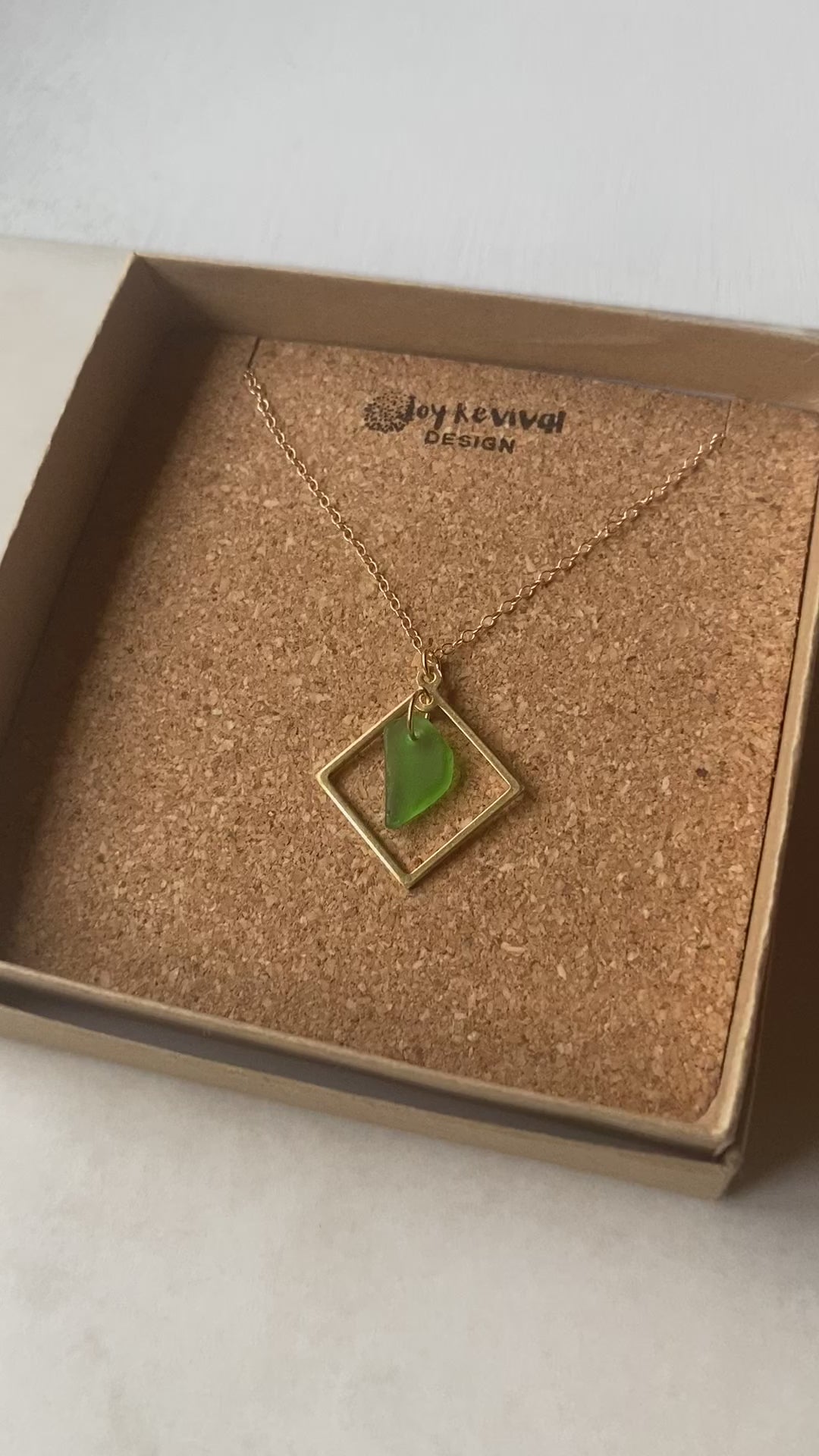 Joy sea glass necklace: Brass square (vibrant green)