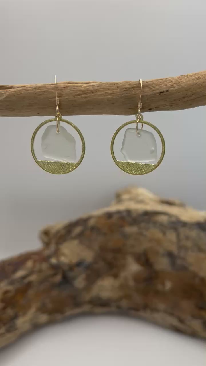 Joy Sea Glass Earrings: Brass textured circles -clear sea glass