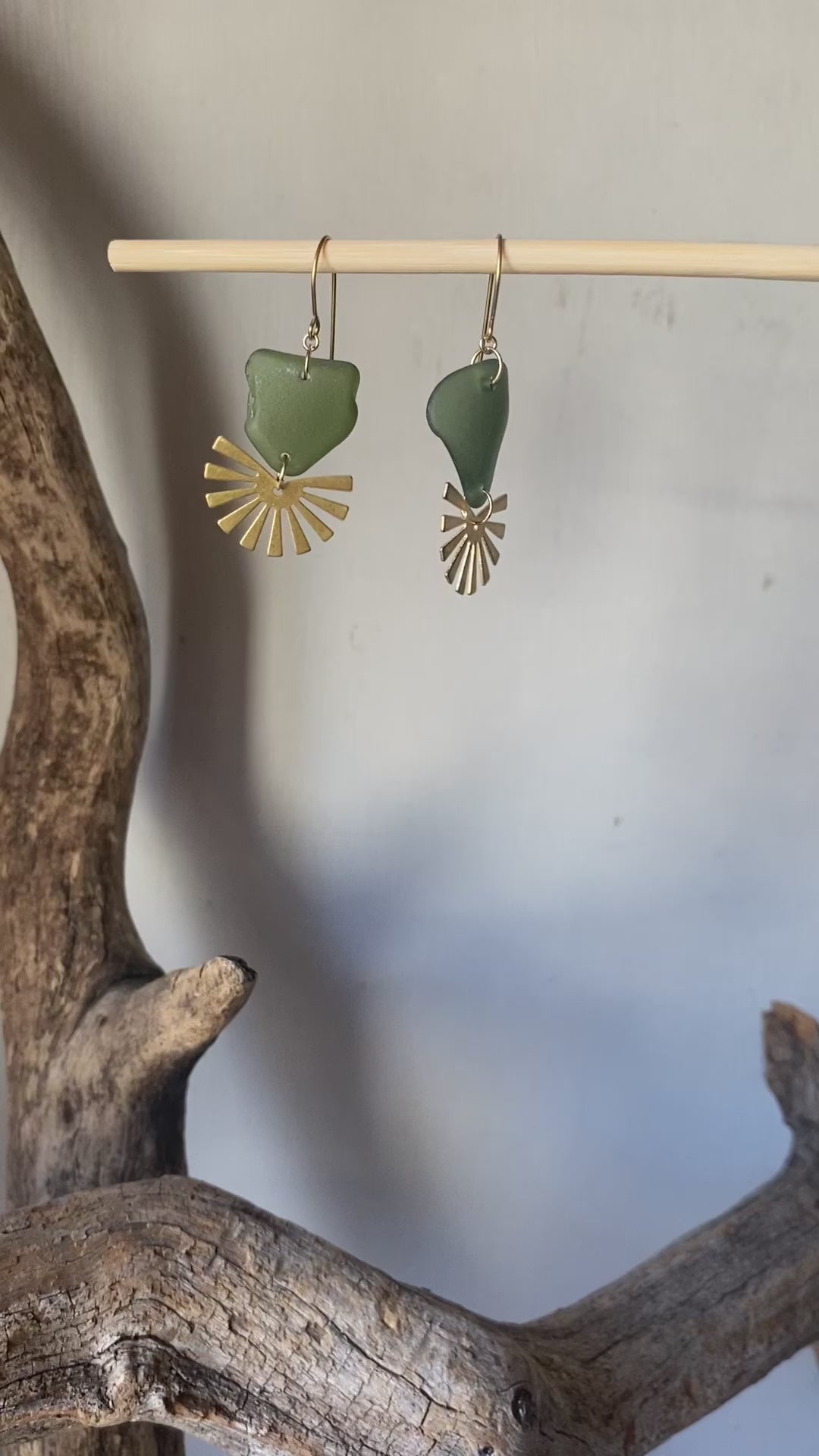 Joy Sea Glass Earrings - Brass sunburst - dark green